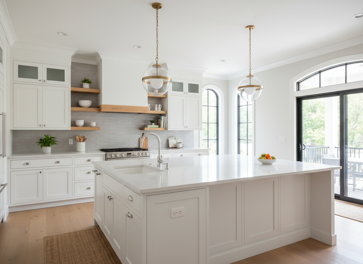 Beautifully renovated residential kitchen with white cabinetry, quartz island and warm wood shelving
