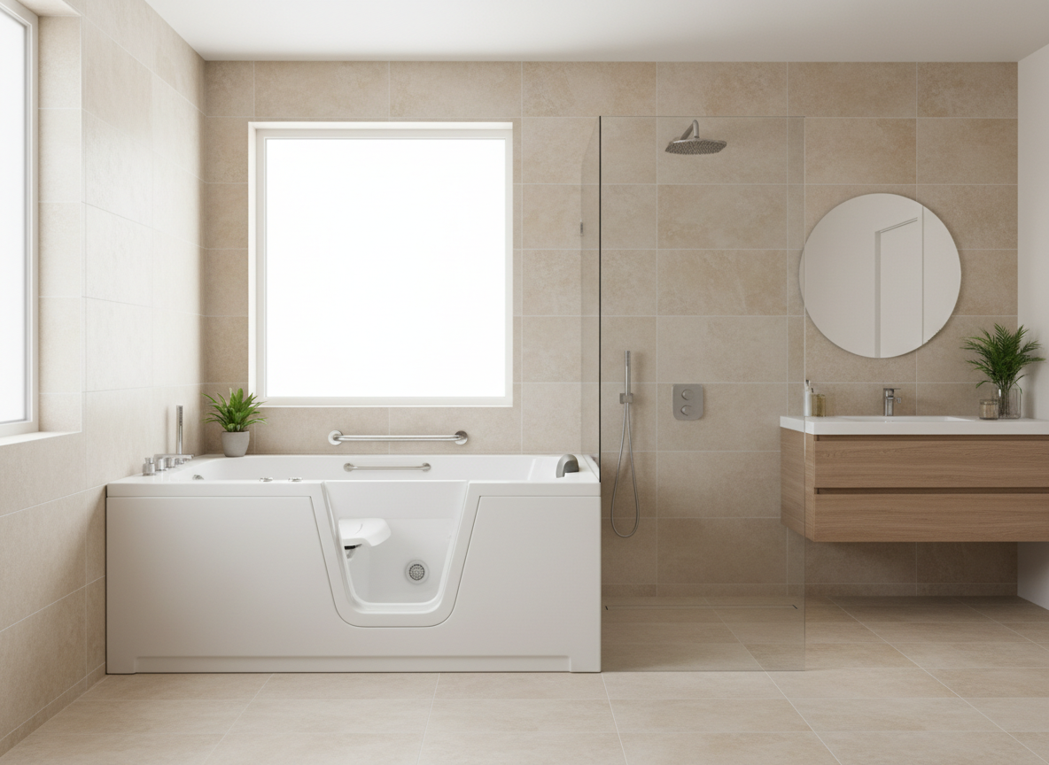 A modern white walk-in bathtub with a low-threshold sealed door, built-in seat, and grab bars in a clean bathroom.