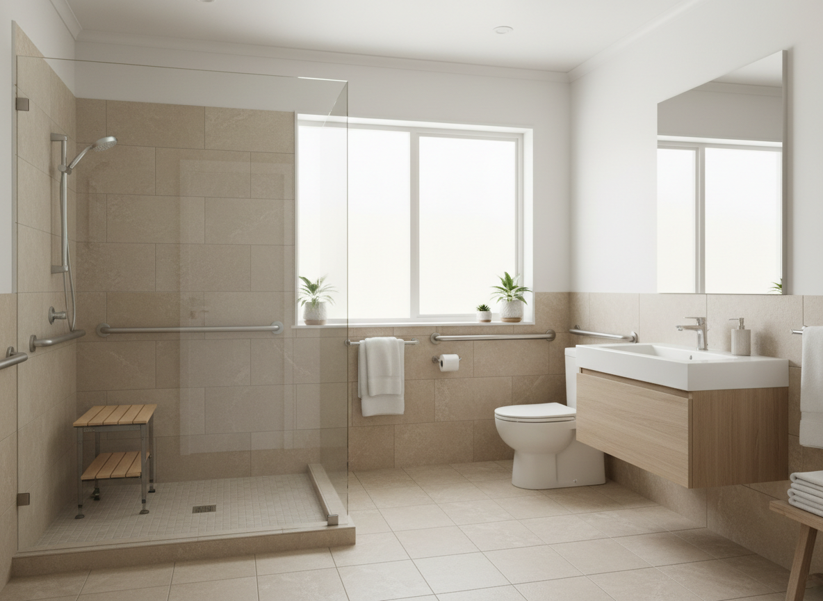 A bright, modern, fully accessible ADA-compliant bathroom for seniors with a walk-in shower, grab bars, and non-slip flooring.